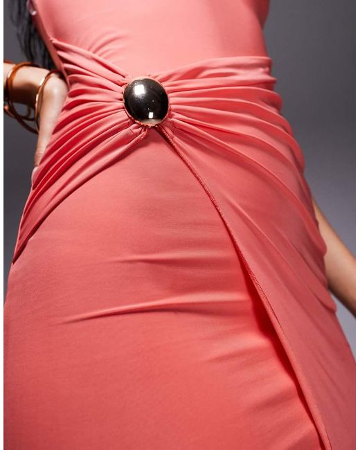 Fashionkilla Red Double-sculpted Slinky Bandeau Metal Drape Detail Maxi Dress