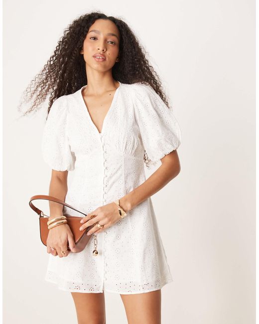 Gina Tricot Long Sleeve Broderie Anglais V Neck Graduation Mini Dress in  White | Lyst