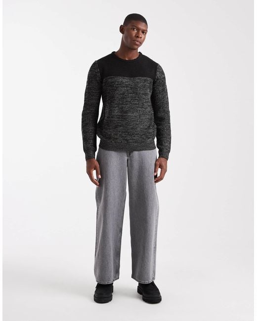 Brave Soul Black Crew Neck Knit Sweater With Contrast Panel for men