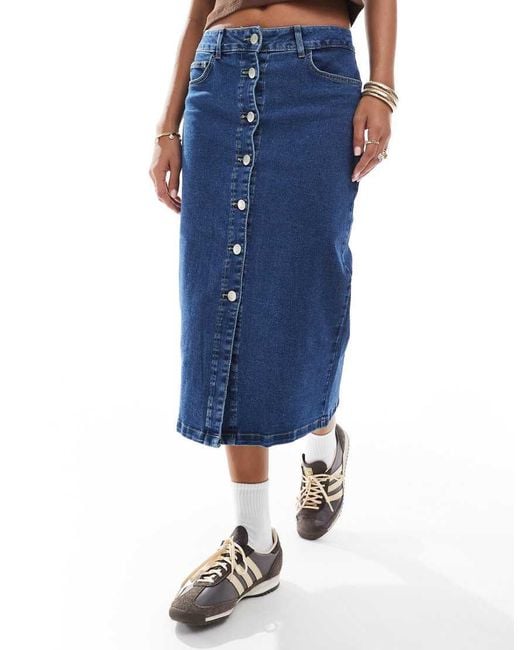 Vero Moda Blue Button Front Midi Denim Skirt