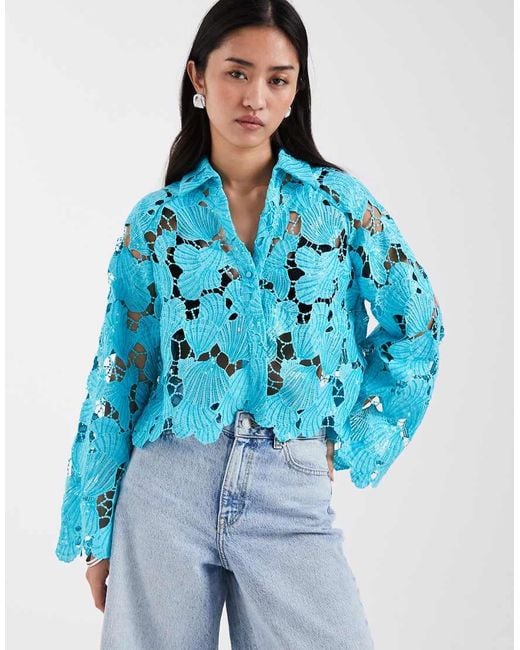 River Island Blue Cutwork Sequin Shirt Co-Ord