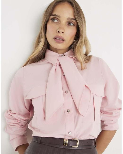 River Island Pink Poplin Shirt With Neck Tie
