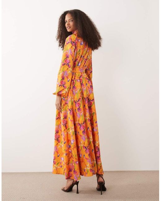 Iyal Orange High Neck Balloon Sleeve Tie Waist Maxi Dress