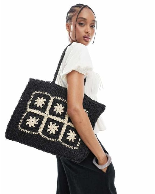 New Look Black Flower Raffia Tote Bag