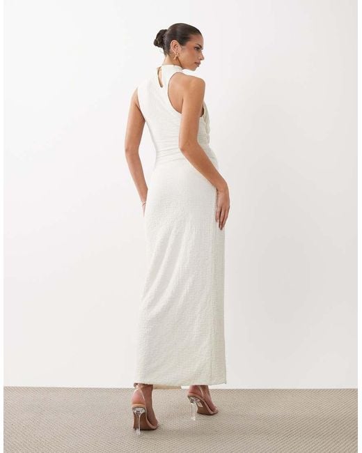 Noughts & Kisses White Textured High Neck Cut-out Thigh Slit Maxi Dress