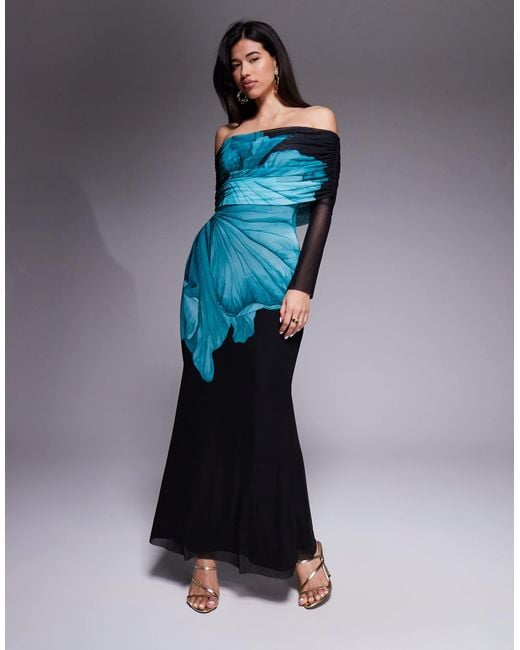 dark green long sleeve hoco dress Elizabeth Blue Green Multi Print Mesh Bolero Wrap Bodice Maxi Gown –  Scarlett & Jo