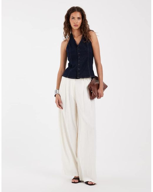 Pieces Blue Halterneck Button Front Denim Top
