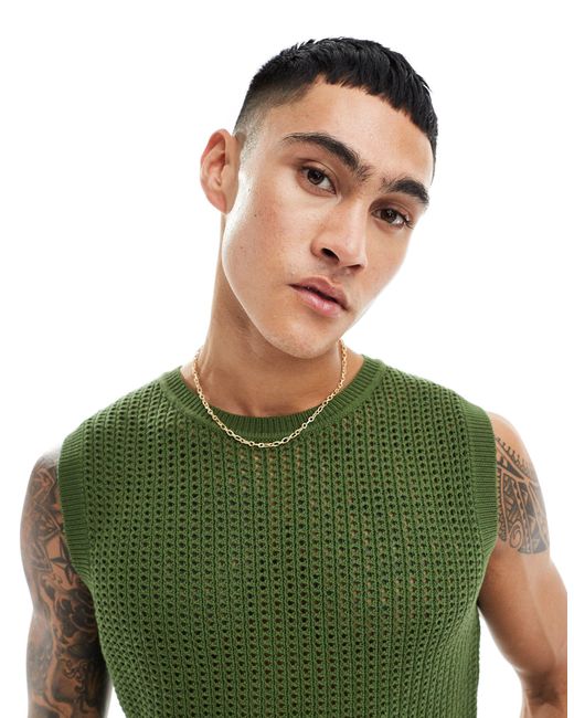 ASOS Green Lightweight Knitted Pointelle Scoop Tank Khaki for men