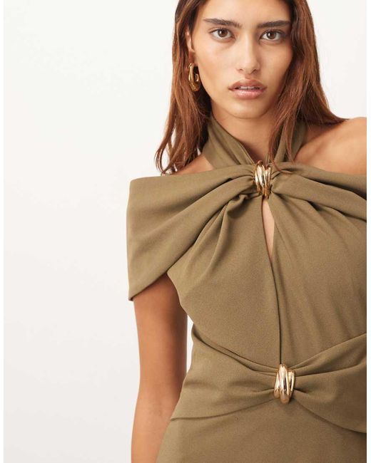 ARRANGE Natural Off Shoulder Halter Maxi Dress With Gold Hardware
