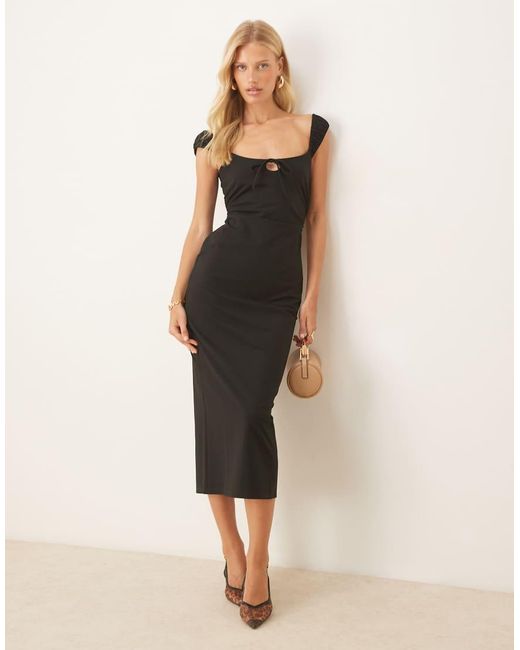 ASOS Ruched Cap Sleeve Tie Front Midi Dress in Natural | Lyst UK