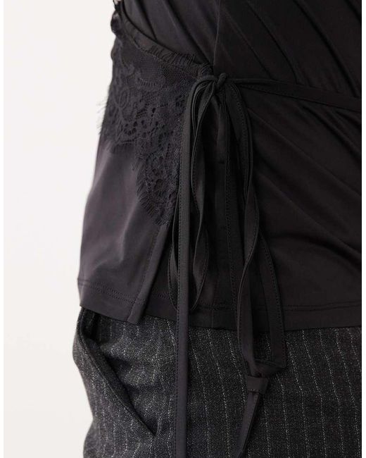 ASOS Black Wrap Around Halter Top With Lace Trim