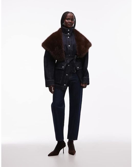 & Other Stories Blue Pure Cotton Funnel Neck Denim Short Jacket With Belt Detail