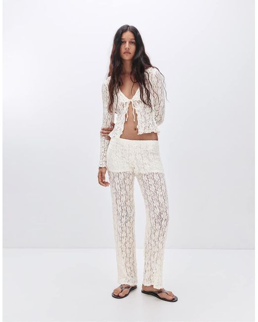 Pull&Bear White Bell Bottom Lace Trousers
