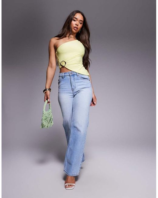 Missy Empire Yellow Double Sculpted Slinky One Shoulder Asymmetric Hem Gold Buckle Top