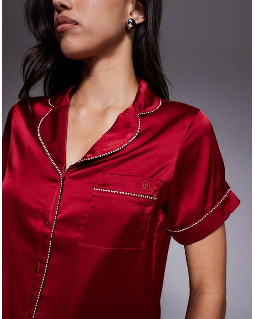 Boux Avenue Red Luxe Satin Revere Top And Shorties Set With Stripe Piping Detail