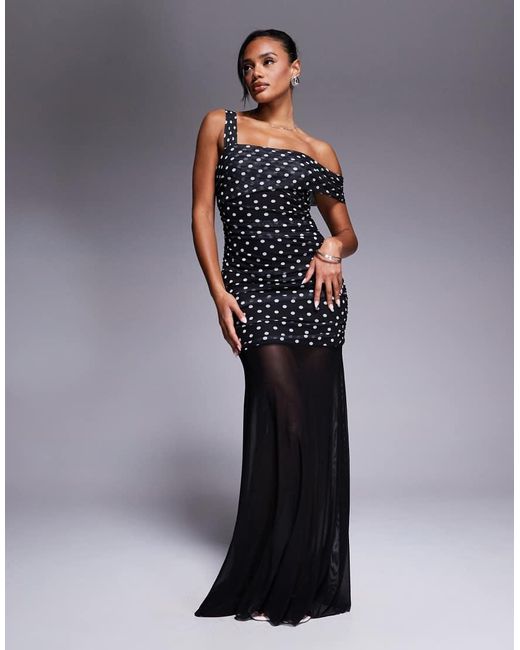 Kaiia Black Exclusive Double Layered Slinky Asymmetric One Shoulder Sheer Hem Maxi Dress