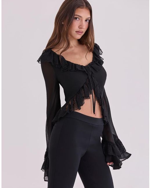 House Of Cb Black Goya Ruffled Sleeve Blouse