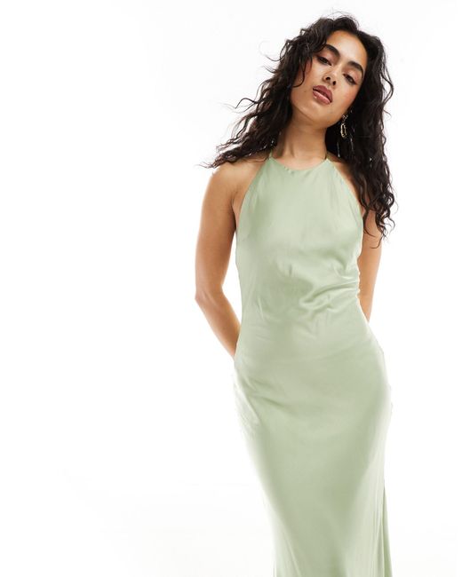 TFNC London Green Bridesmaids Satin Maxi Dress With Tie Back And Button Detail