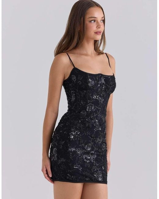 House Of Cb Black Naima Hand Beaded Embellished Corset Mini Dress