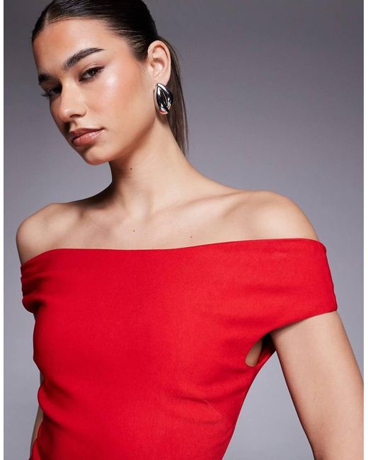 Vesper Red Bengaline Off-shoulder Maxi Dress