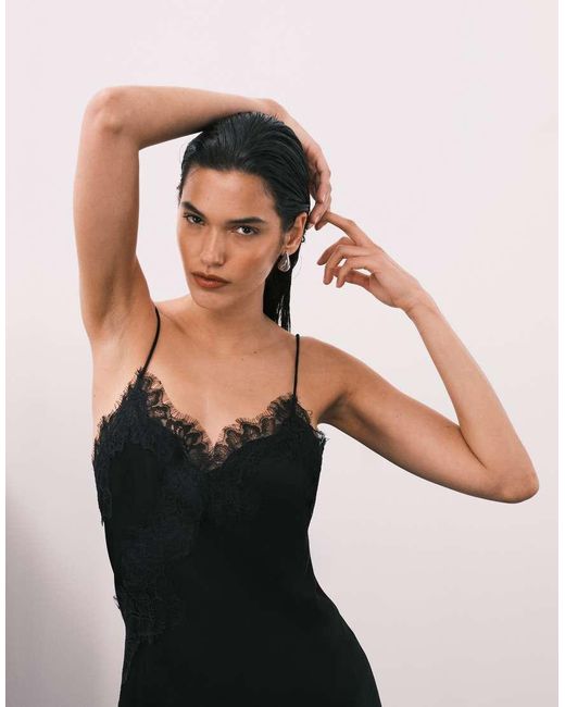 Mango Black Asymmetric Hem Longline Satin Cami Top With Lace Edge