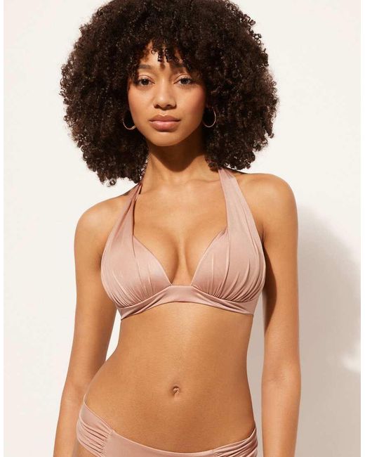 Calzedonia Brown Calzendonia Padded Triangle Bikini Top Shiny Satin