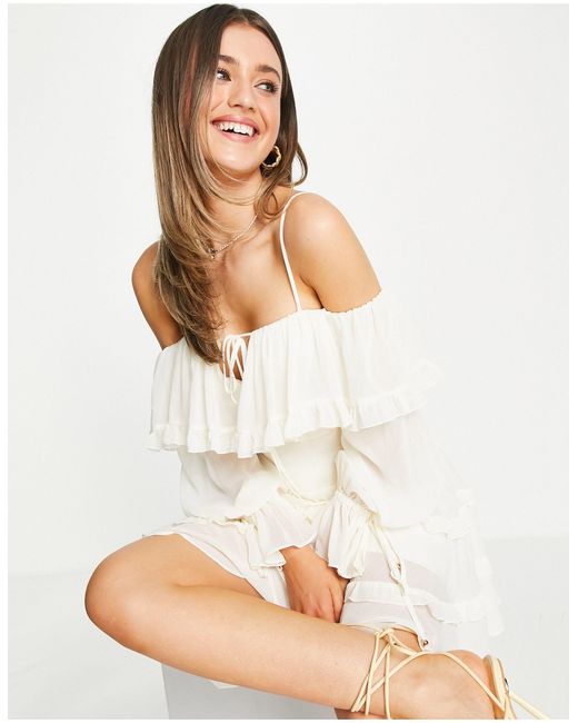 Forever New White Off Shoulder Ruffle Mini Dress With Tiered Sleeve
