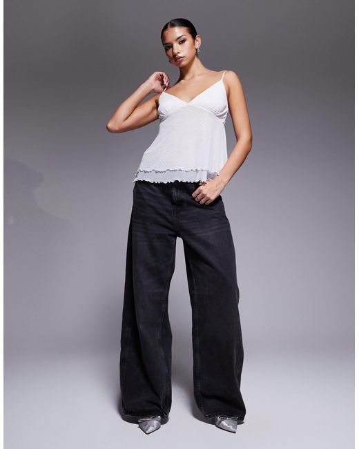 Fashionkilla Gray Exclusive Mesh Overlay Lettuce Edge Hem Cami Peplum Top