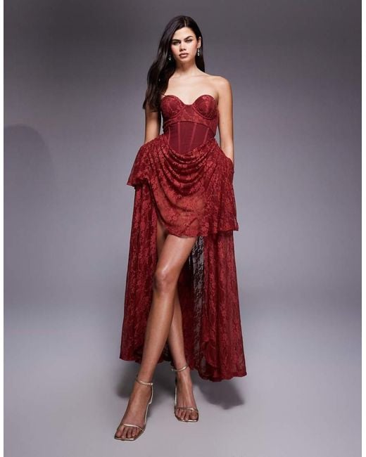 ASOS Red Premium Hitched Corset Lace Mini Dress With Hip Pads And High Low Skirt