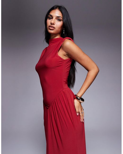 ASOS Red High Neck Sleeveless Maxi Dress With Ruched Detailing