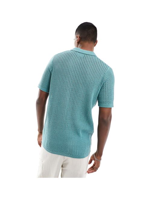 ASOS Blue Lightweight Knitted Pointelle Notch Neck Polo for men