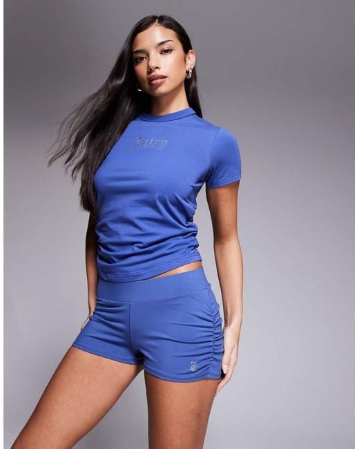 Juicy Couture Blue Co-Ord Diamante Logo Bootie Micro Shorts