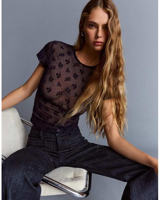 Bershka Brown Printed Short Sleeve Tulle T-shirt