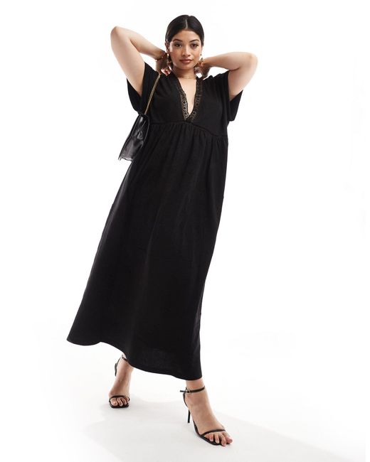 ASOS Black Asos Design Curve V Neck Short Sleeve Broderie Midi Dress