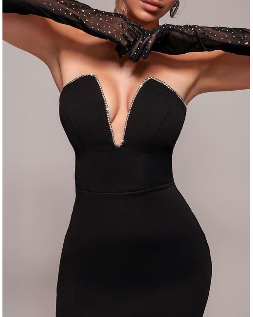 Goddiva Black Strapless Super Plunge Diamante Neck Maxi Dress
