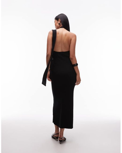 SNDY'S Black Premium Ribbed Knit Scoop Neck Scarf Detail Fishtail Maxi Dress