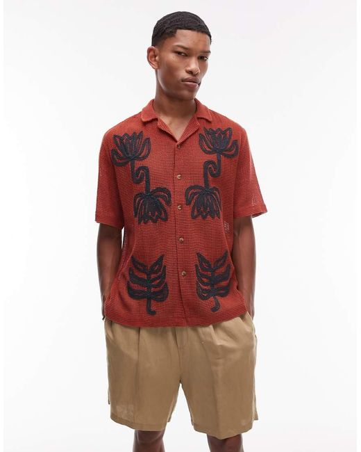 Topman Red Short Sleeve Crochet Roped Floral Shirt for men