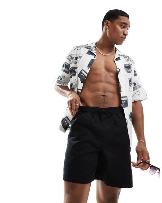 ASOS Black Wide Mid Length Linen Shorts With Elasticated Waist for men