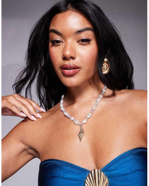 ALDO Blue Beachvibes Chunky Beaded Necklace With Shell Charm