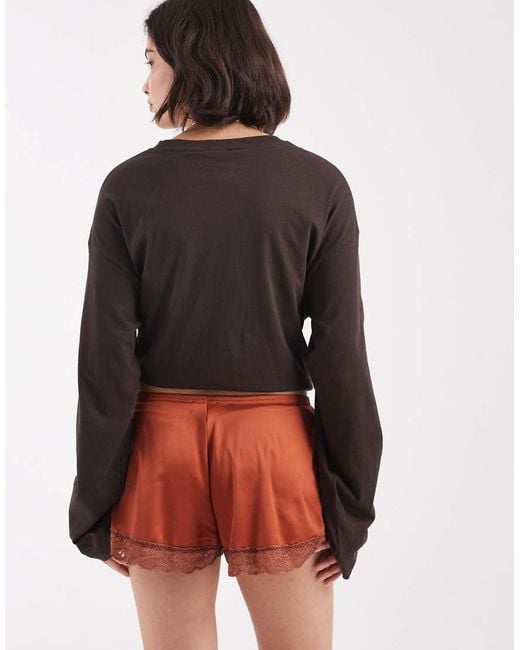 Miss Selfridge Brown Satin Lace Trim Micro Shorts