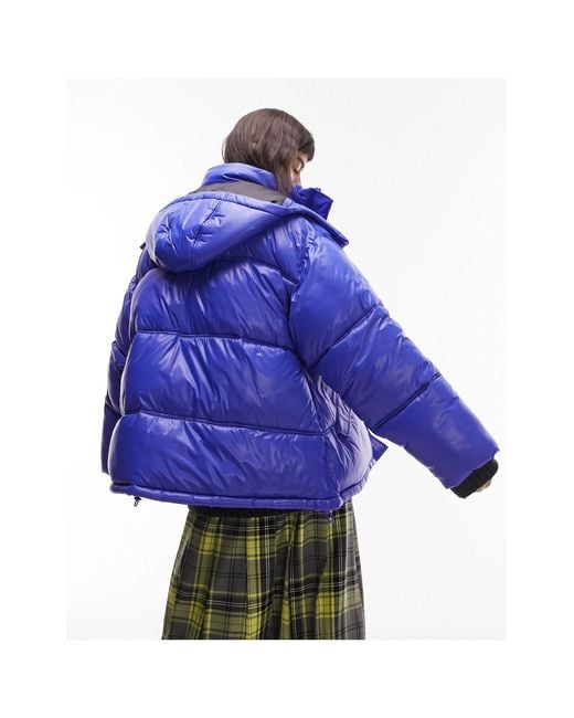 TOPSHOP Blue Oversized Mid Length Puffer Jacket With Detachable Hood