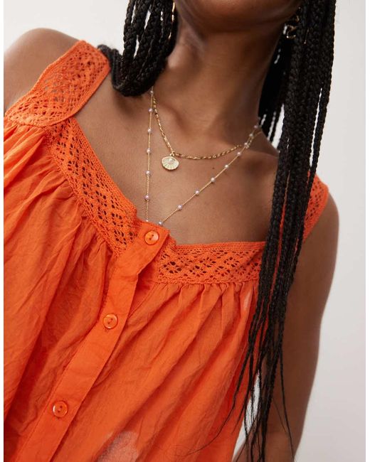 Collusion Orange Crotchet Button Up Woven Beach Top