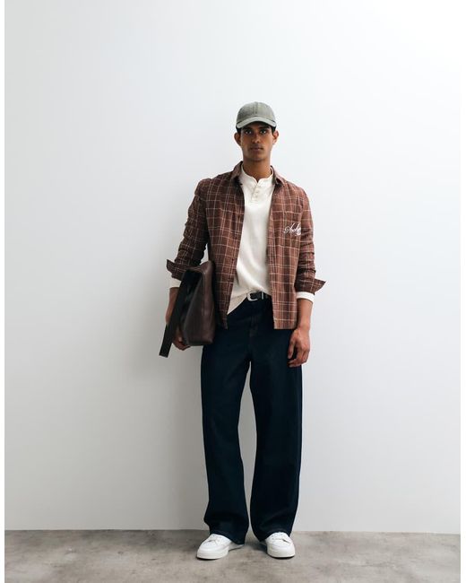 ASOS Brown Regular Fit Check Shirt With Chest Embroidery for men