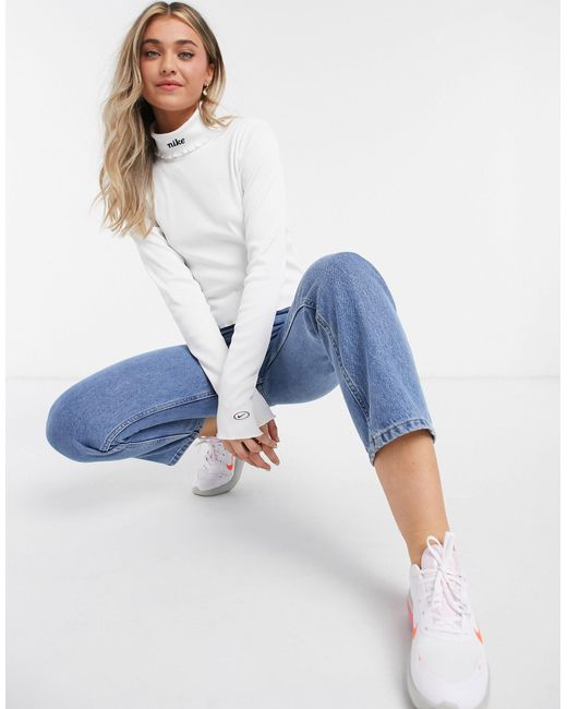 Nike White Ribbed High Neck Long Sleeve Crop Top