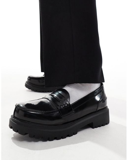 London Rebel Wide fit – penny loafer zum hineinschlüpfen in Black für Herren