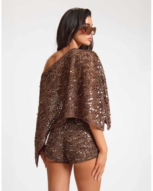 Missy Empire Brown Sequin Floaty Cape Top