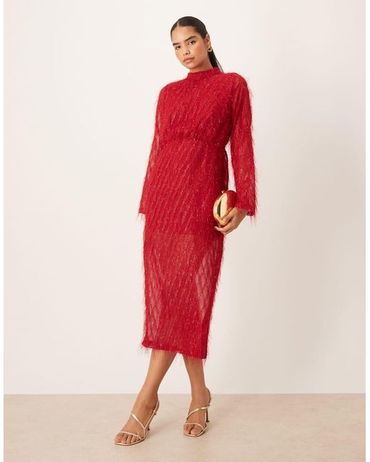 Vila Red Fluffy Textu Tie Waist Maxi Dress