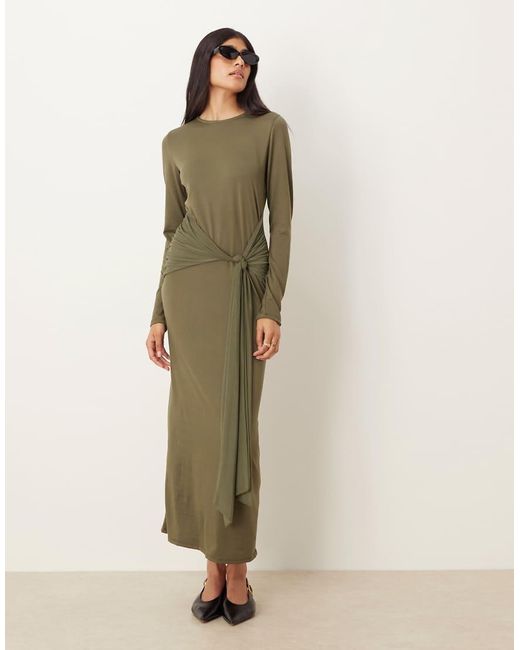 ASOS Green Long Sleeve Tie Front Maxi Dress