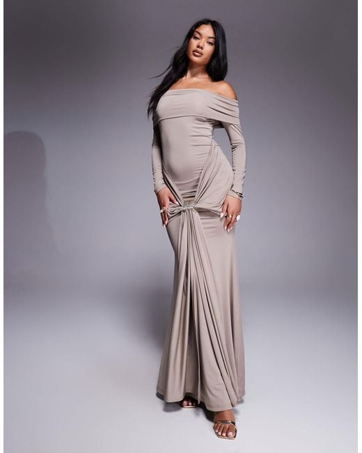 Aria Cove White Deep Bardot Gold Hardware Front Drape Detail Maxi Dress