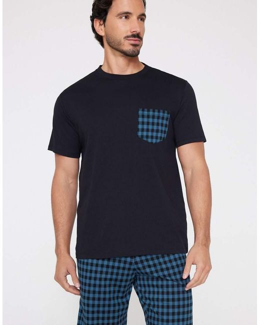 Tezenis Blue Short Checked Cotton Pyjamas With Pocket for men